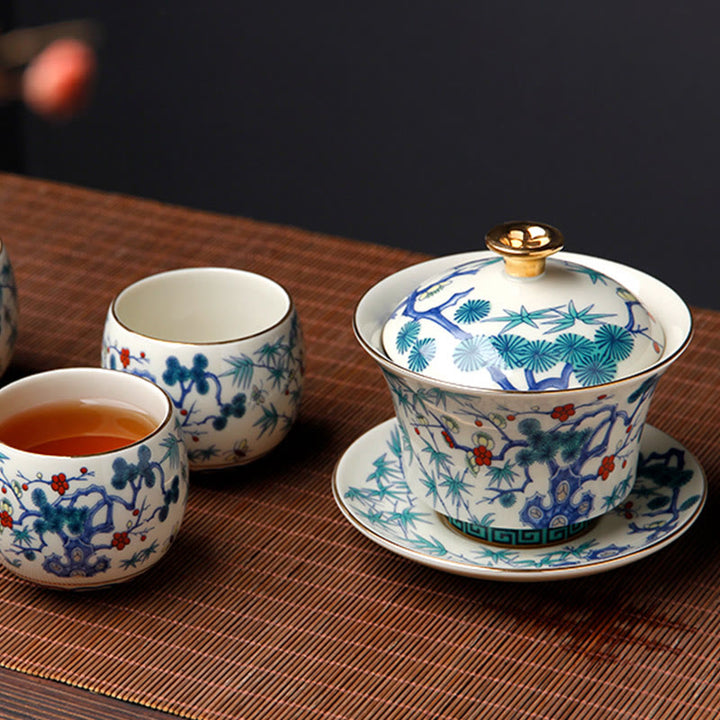 Buddha Stonesレトロ梅花松竹鳳凰麒麟陶器蓋碗三彩ティーカップカンフーティーカップ＆ソーサー蓋付き