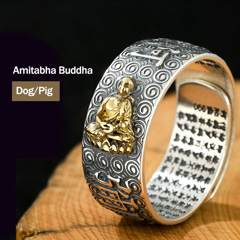 Buddha Stones十二支誕生仏富と幸運 調節可能なリング