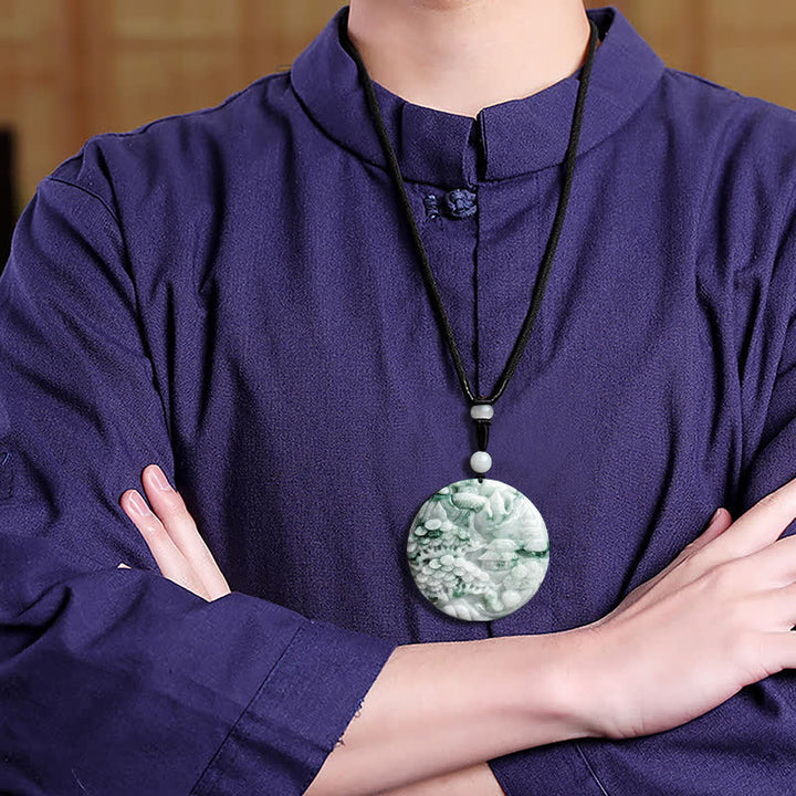 Buddha Stones、山の風景、翡翠の豊かさの紐ネックレス