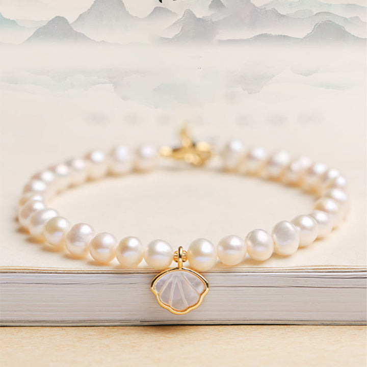 Buddha Stones14Kゴールドメッキ 天然パールクリスタルシェルチャームビーズブレスレット
