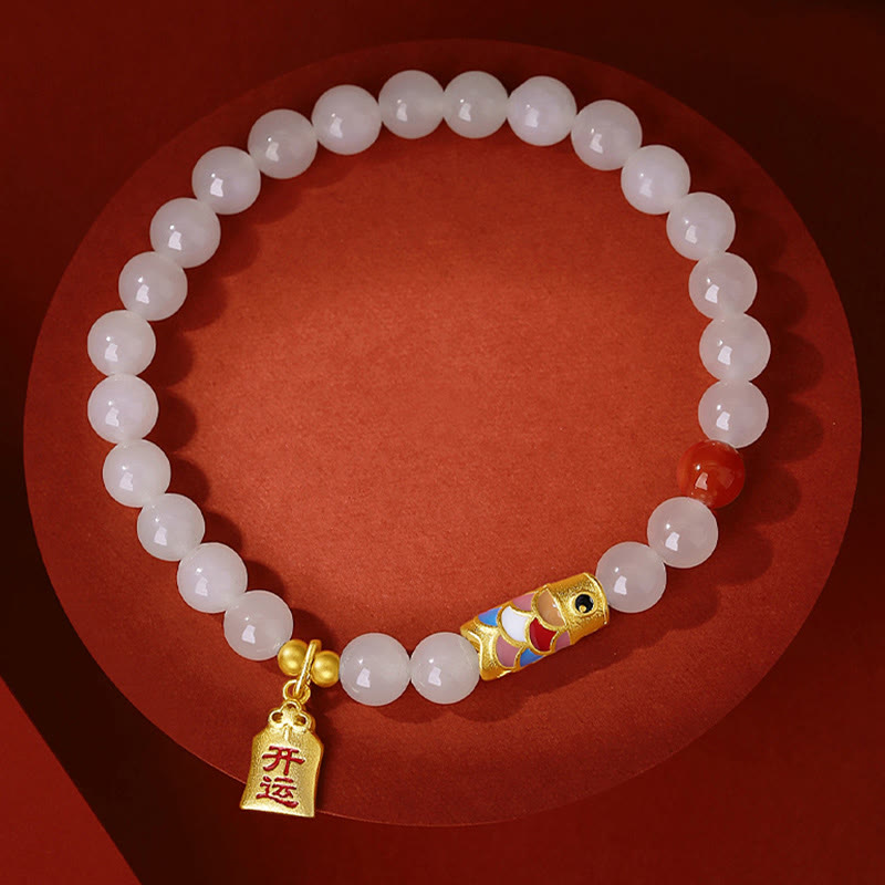 Buddha Stones925 スターリングシルバー 和田白翡翠 赤瑪瑙 鯉 幸運 幸福 ブレスレット