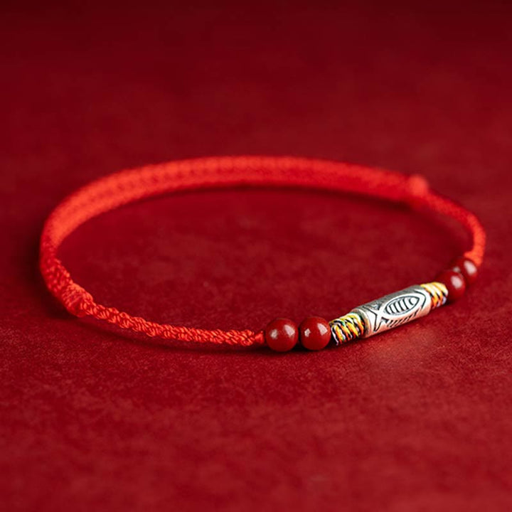 Buddha Stones 925スターリングシルバー 鯉 辰砂 ビーズ 富 手作り 編み込み ブレスレット アンクレット