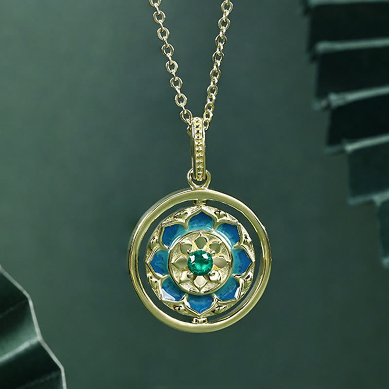 Buddha Stones925スターリングシルバー 蓮の花 フローラルジルコン 悟り 回転式ネックレスペンダント