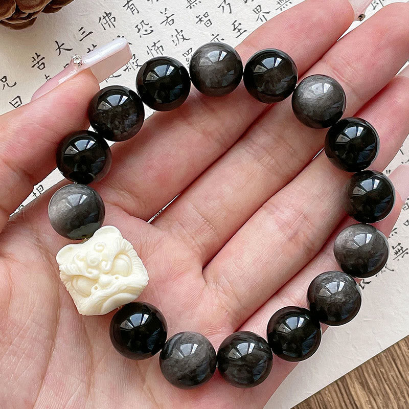 Buddha Stones銀の輝き 黒曜石 菩提樹の種 象牙 フルーツ ダンシングライオン 守護ブレスレット