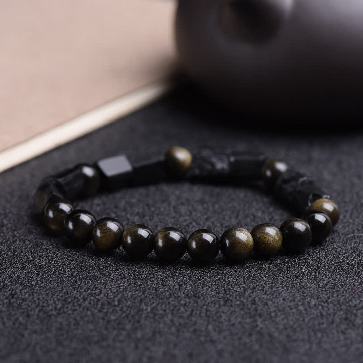 Buddha Stonesゴールドシーンオブシディアン ブラックトルマリン ウェルスブレスレット
