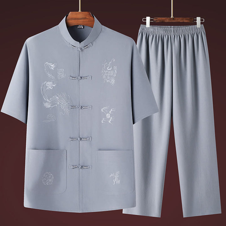 Buddha Stones唐装漢服中国龍伝統カンフーユニフォーム半袖トップスとパンツ衣類メンズセット