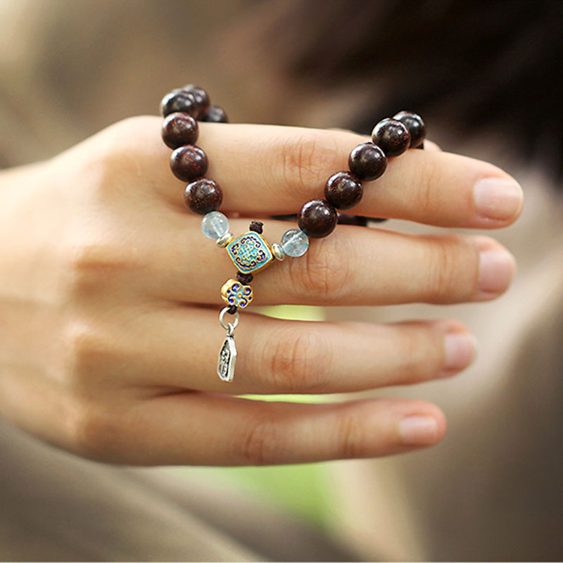 Buddha Stones925 スターリングシルバー インド産小葉 レッドサンダルウッド アクアマリン ゴールドスター 中国結び 祝福ブレスレット