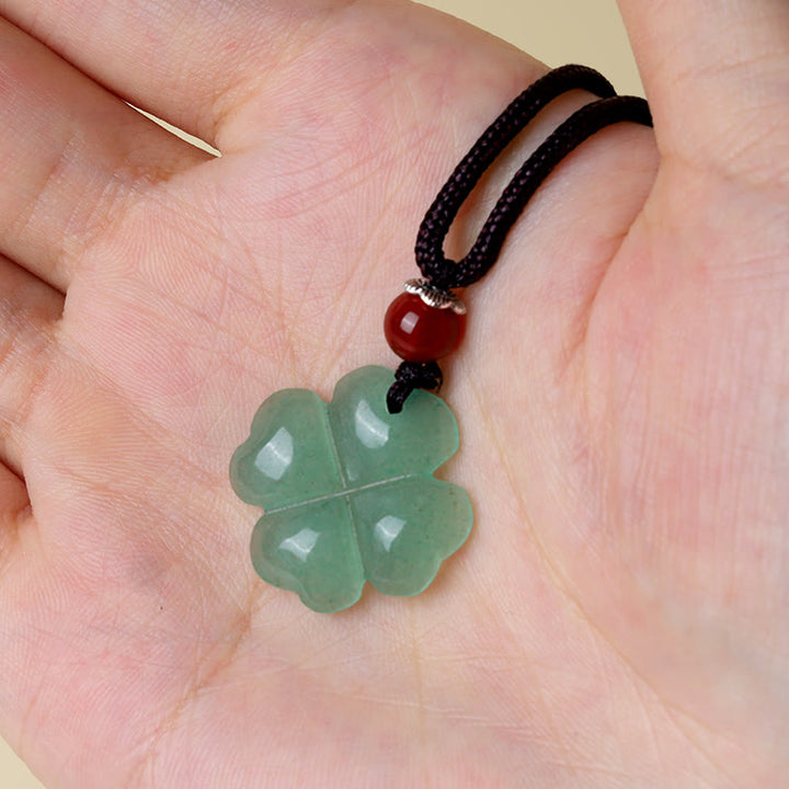 Buddha Stones 925スターリングシルバー グリーンアベンチュリン 四つ葉のクローバー 幸運レザーロープネックレスペンダント