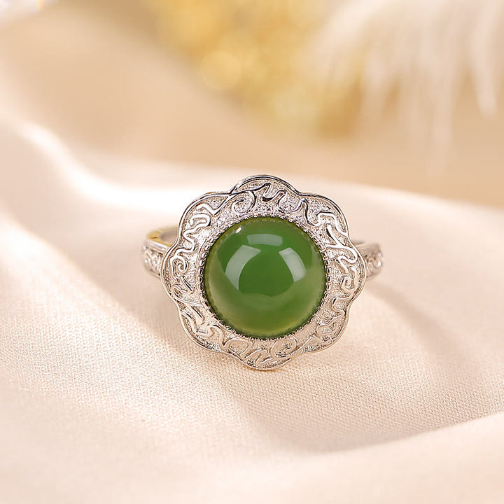 Buddha Stones925スターリングシルバー和田シアン翡翠フラワーデザイン幸運調節可能リング - image 2
