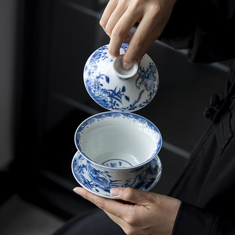 Buddha Stones青と白の磁器 蓮 鯉 獅子舞 スイカ 陶器 蓋碗 三彩 ティーカップ カンフーティーカップ＆ソーサー 蓋付き 300ml