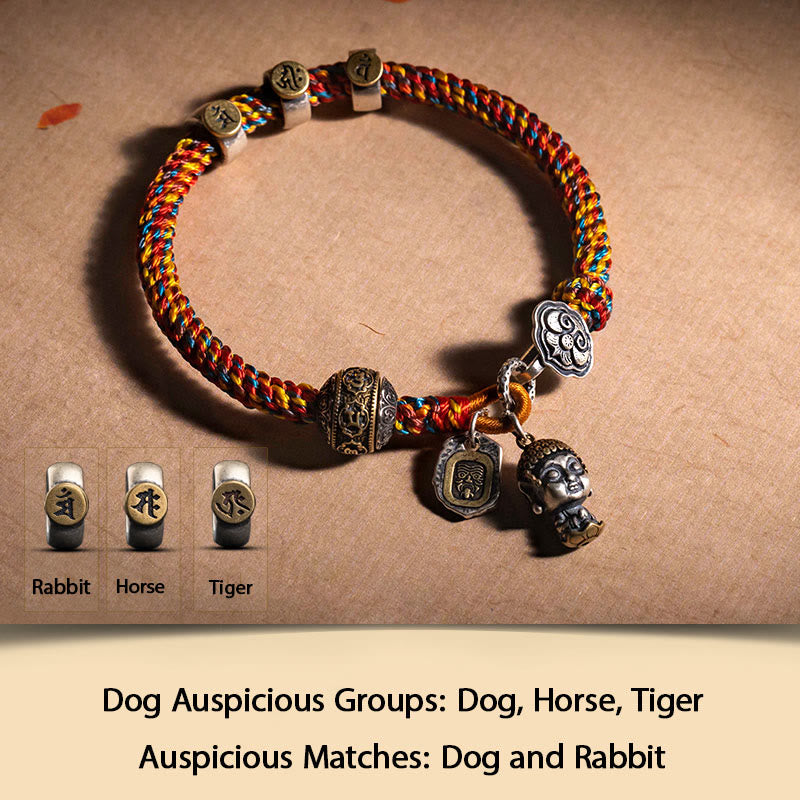 Buddha Stonesハンドメイド チベット 925 スターリングシルバー十二支誕生仏ザキラム 富の守護女神 マルチカラー ロープ編みブレスレット