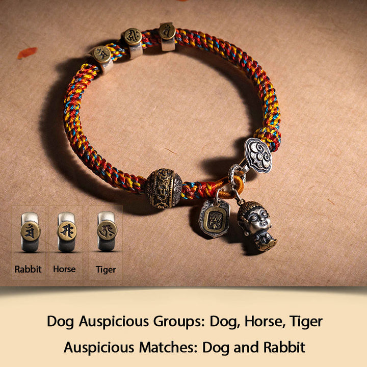 Buddha Stonesハンドメイド チベット 925 スターリングシルバー十二支誕生仏ザキラム 富の守護女神 マルチカラー ロープ編みブレスレット