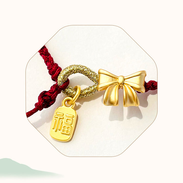 Buddha Stones手作り 桃の花 ロゼット 蝶結び 福 キャラクター チャーム 幸運 赤いロープ ブレスレット