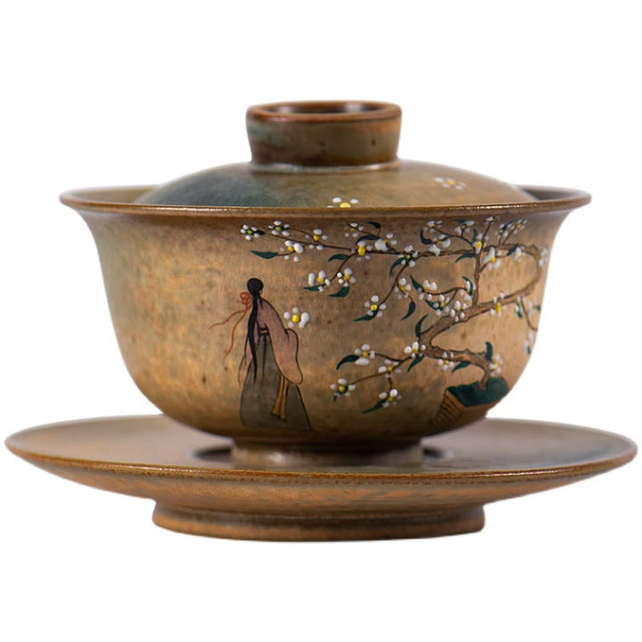 景徳鎮の手描きのルBuddha Stones磁器漢服少女の花の陶器蓋碗三彩ティーカップカンフーティーカップとソーサー蓋付き