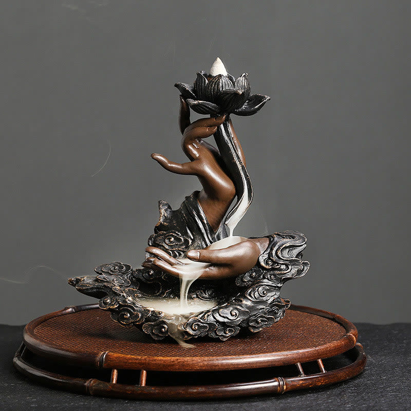 Buddha Stones蓮仏手 吉祥雲模様 瞑想用 樹脂製 逆流香炉
