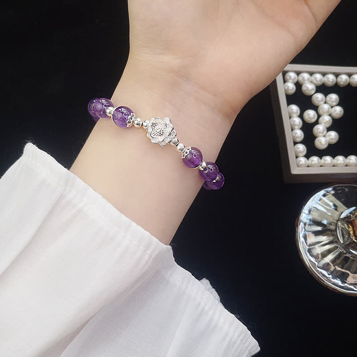 Buddha Stones925スターリングシルバー 天然アメジスト ロータス スピリチュアルブレスレット