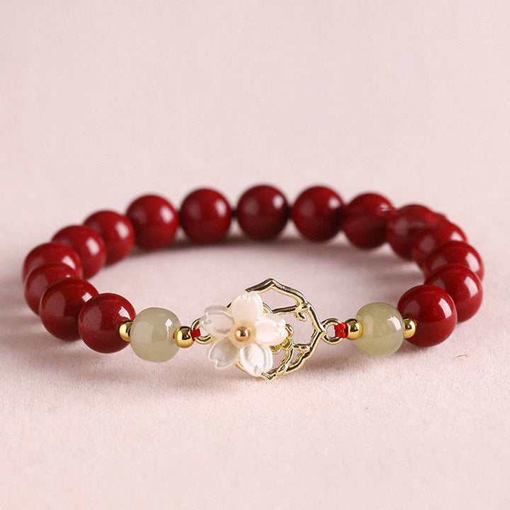 Buddha Stones天然辰砂翡翠ビーズ入りシャコガイ石花の祝福ブレスレット
