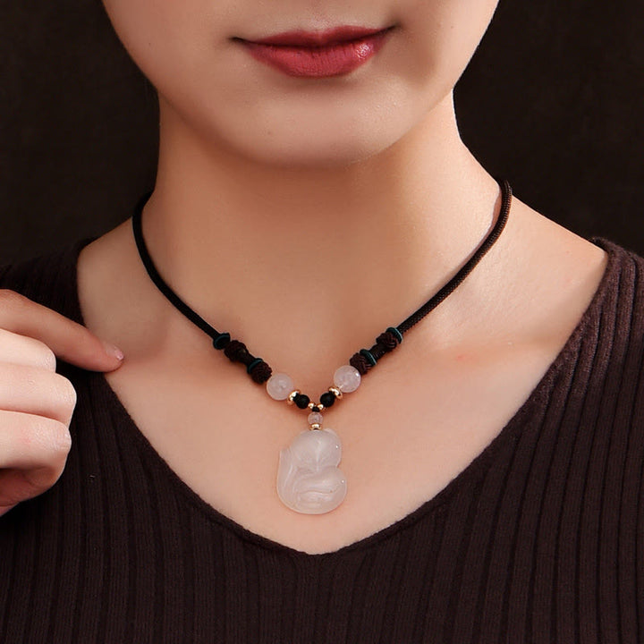 Buddha Stonesカルセドニーフォックス ピンククリスタルビーズ ハーモニーストリングネックレスペンダント