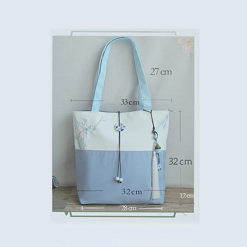 梨花 梅 桃の花 竹刺繍 キャンバス 大容量 ショルダーバッグ トートバッグ