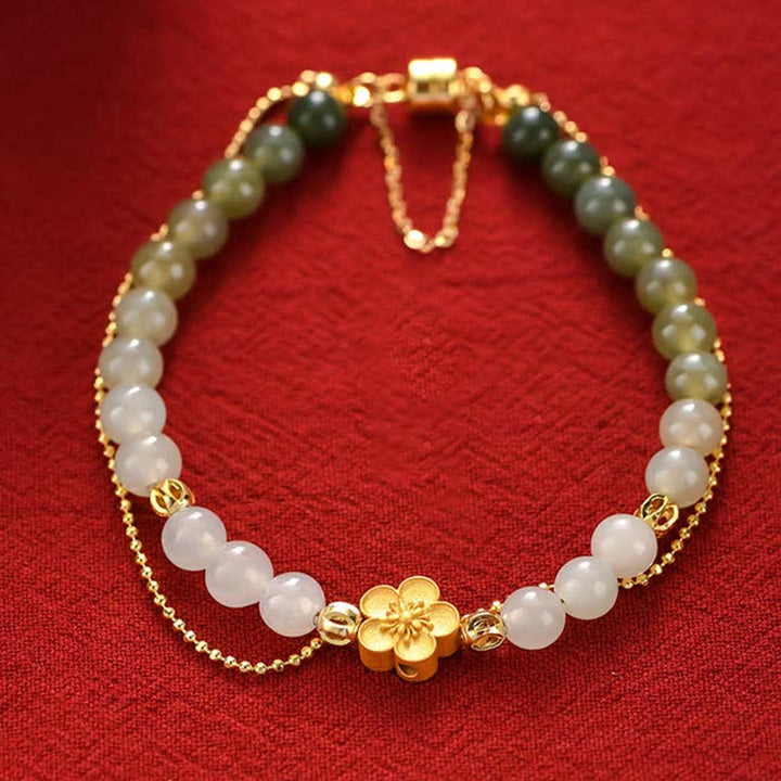 Buddha Stones 925スターリングシルバー 天然和田翡翠 桃の花 幸運のチェーンブレスレット