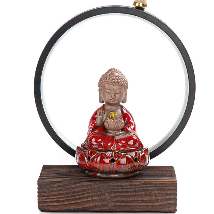 Buddha Stones仏陀 蓮 逆流 煙噴水 陶器 祝福 香炉 ライト装飾付き