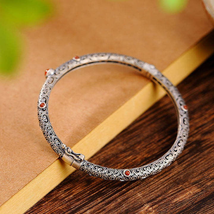 ヴィンテージ唐代の花模様彫刻赤瑪瑙銅製幸運ブレスレットバングル - image 4