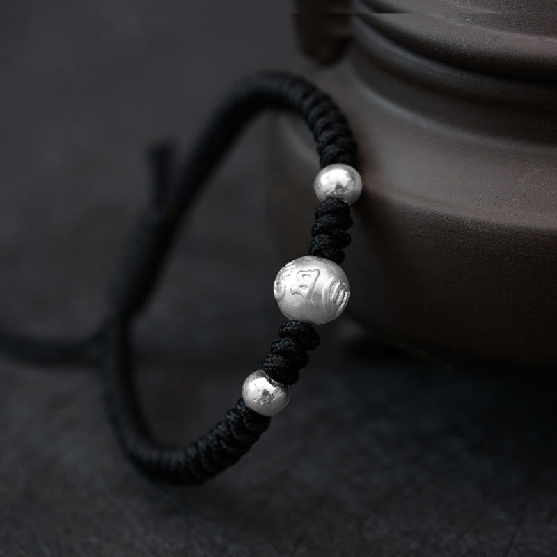 Buddha Stones999 スターリングシルバーオーム・マニ・パドメ・フム銅貨 幸運 強さ 紐 カップルブレスレット