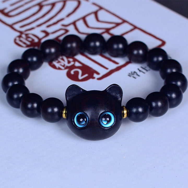 Buddha Stones、黒檀、琉璃ガラス、愛らしい猫の平和バランスブレスレット - 黒檀 10mm×15個（手首周り14～16cm） - image 10