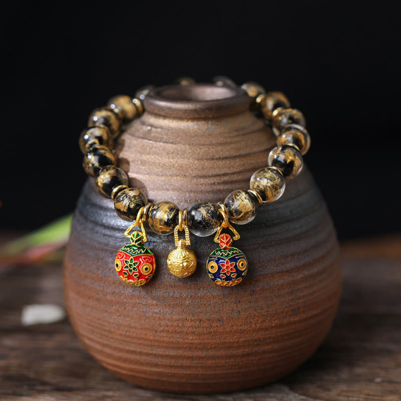 Buddha Stones金呑み獣ファミリーチャーム 金銀箔 琉璃ガラスビーズ 祝福ブレスレット