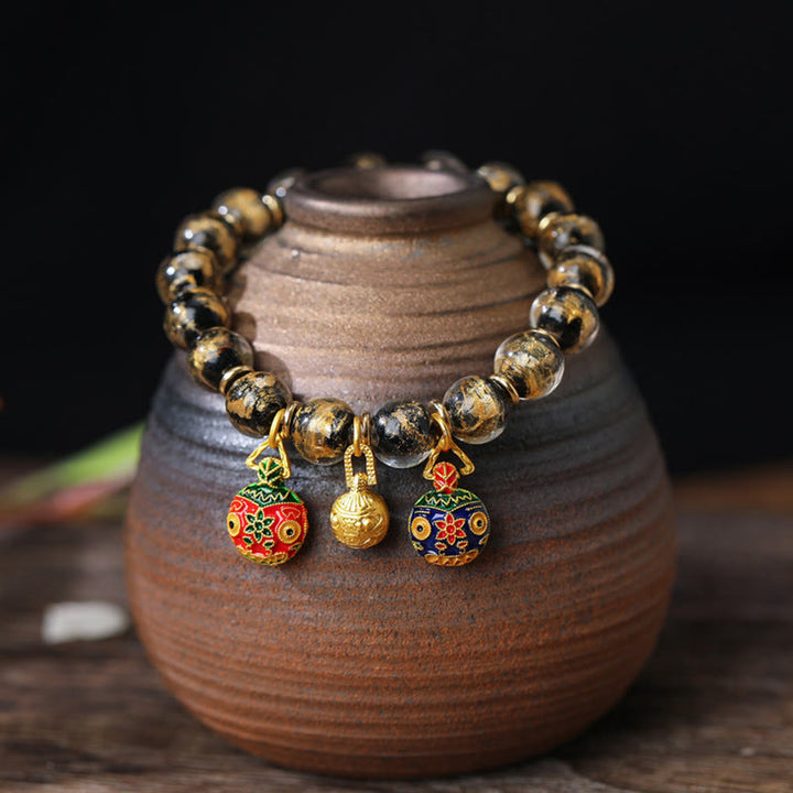 Buddha Stones金呑み獣ファミリーチャーム 金銀箔 琉璃ガラスビーズ 祝福ブレスレット
