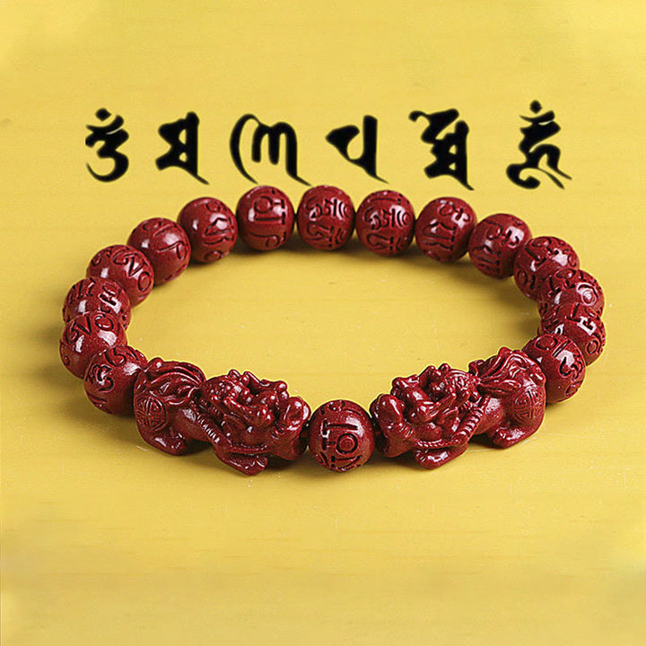 Buddha Stones天然 ダブル 貔貅 辰砂オーム・マニ・パドメ・フム富と幸運のビーズブレスレット