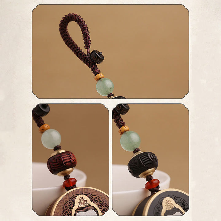 Buddha Stones黒檀木材ローズウッド仏観音菩薩Om Mani Padme Humバランス車のキーチェーン装飾
