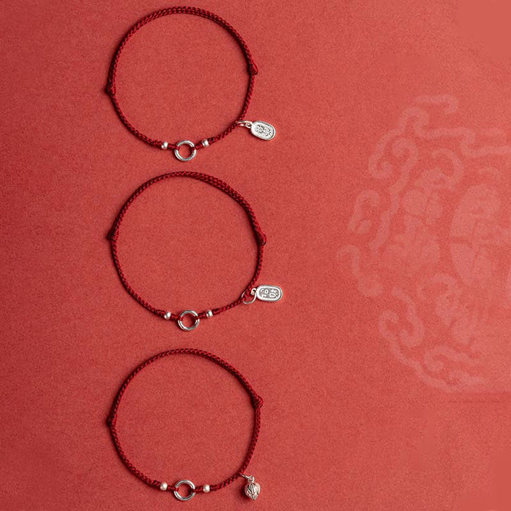 Buddha Stones925 スターリングシルバー 幸運 幸運 平和 喜び 蓮 平和バックル レッドストリングブレスレット