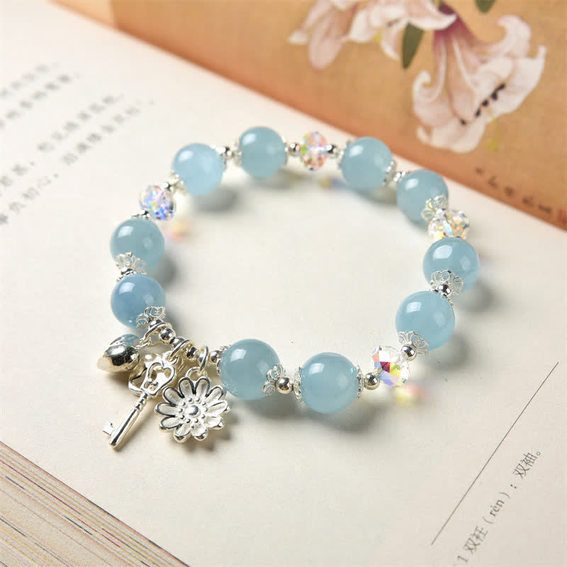 Buddha Stones925スターリングシルバー 天然アクアマリン セレニティフラワー ラブキーチャームブレスレット
