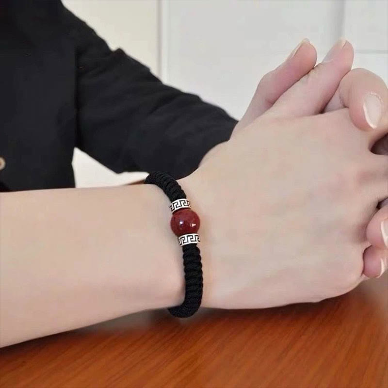 Buddha Stones 925スターリングシルバー 天然辰砂ビーズ 落ち着いたハンドメイド編み紐ブレスレット
