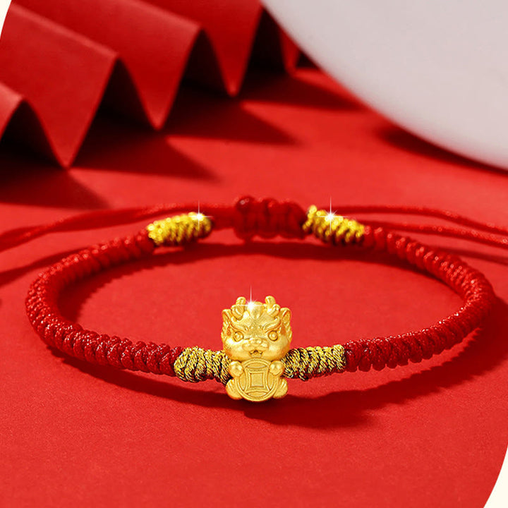 Buddha Stones999 スターリングシルバー 龍年銅貨幸運繁栄龍福 キャラクター 幸運 手作り赤紐編み込みブレスレット