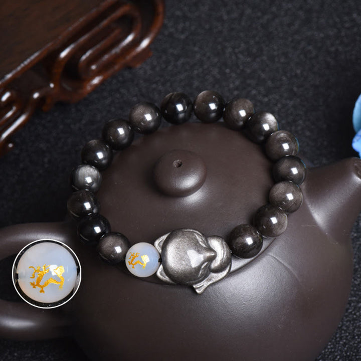 Buddha Stones天然レインボーオブシディアン ゴールドシーンオブシディアン シルバーシーンオブシディアン フォックスヒーリングブレスレット