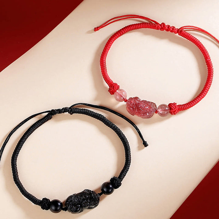 Buddha Stonesハンドメイド天然銀光沢黒曜石ストロベリークォーツ貔貅守護編み込みブレスレット - image 5