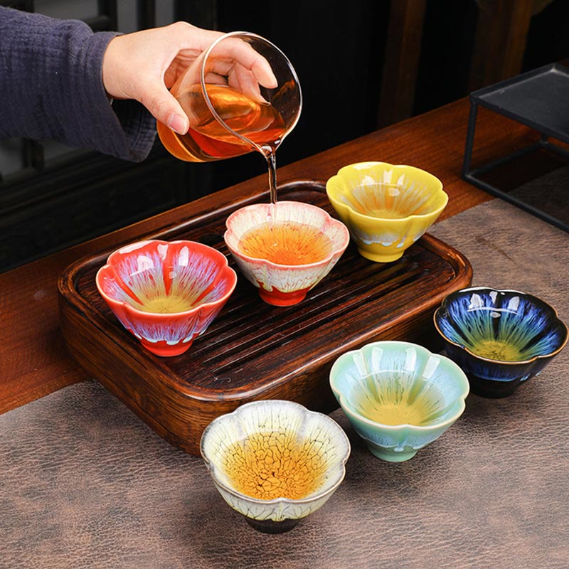 Buddha Stones6個 梅の花びら模様 中国 Jianzhan 窯変 陶器 ティーカップ カンフー ティーカップ ボウル ギフトボックス付き
