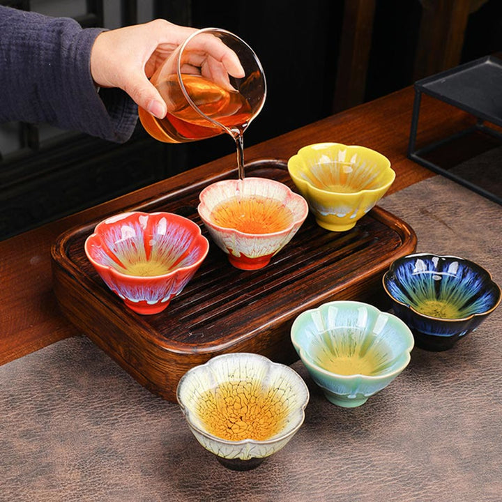 Buddha Stones6個 梅の花びら模様 中国 Jianzhan 窯変 陶器 ティーカップ カンフー ティーカップ ボウル ギフトボックス付き