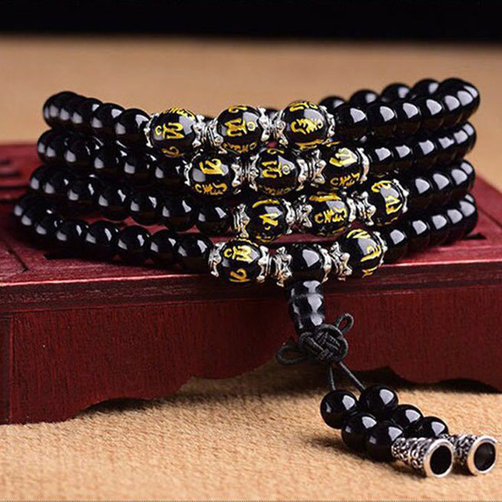 Buddha Stones黒曜石 六芒念珠 守護Malaブレスレット