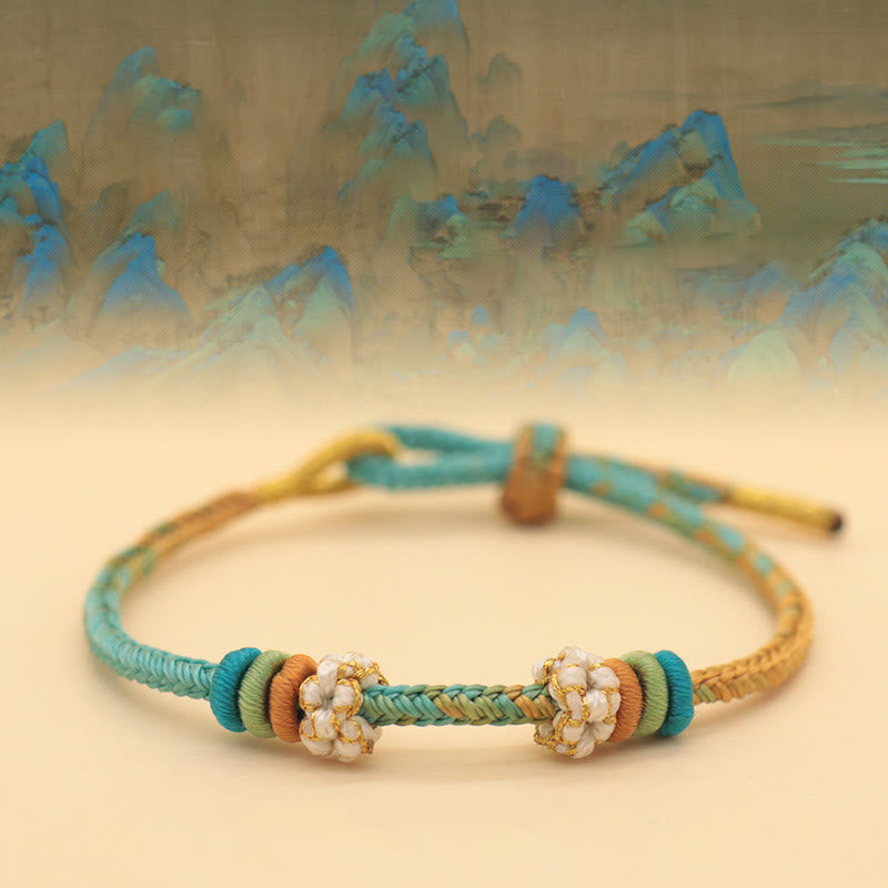 Buddha Stonesハンドメイド8スレッドピースノットピーチブロッサムノット幸運ロープ編みブレスレット - 川と山のパノラマ（緑黄）（手首周り14～18cm） - image 1