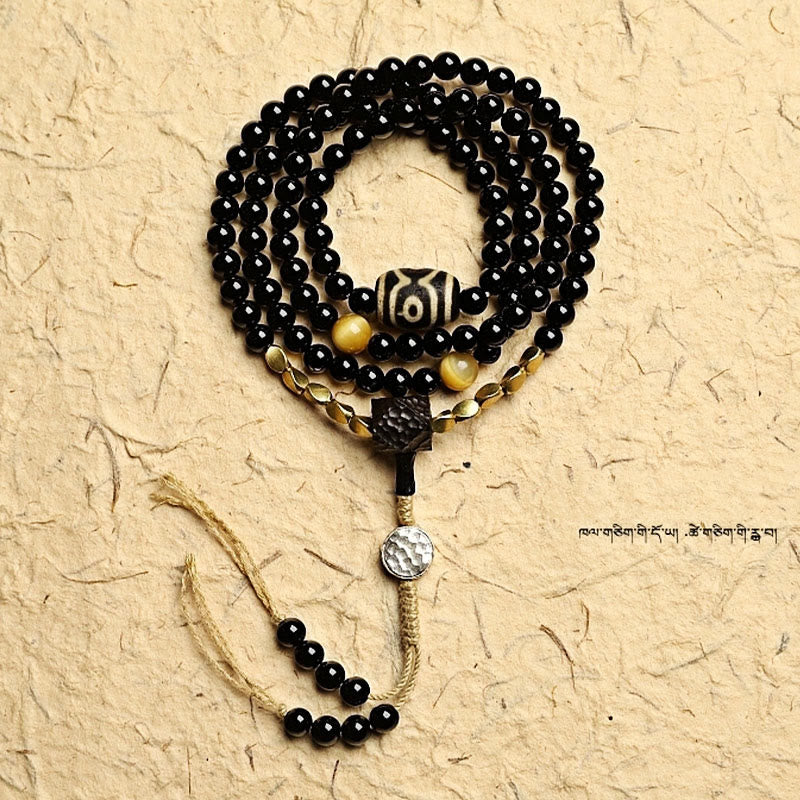 Buddha Stonesチベット 108 個Malaビーズ ブラックオニキス 三目 ジービーズ 守護ブレスレット