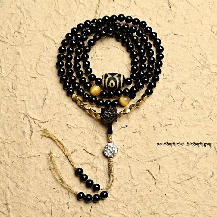 Buddha Stonesチベット 108 個Malaビーズ ブラックオニキス 三目 ジービーズ 守護ブレスレット