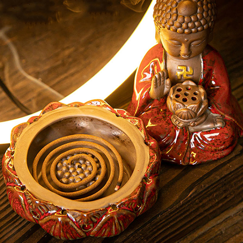 Buddha Stones仏陀 蓮 逆流 煙噴水 陶器 祝福 香炉 ライト装飾付き