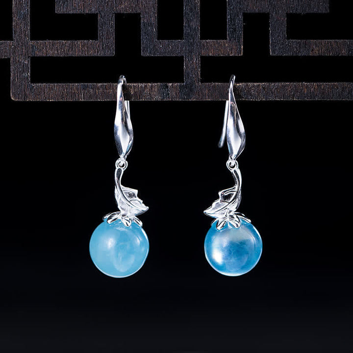 Buddha Stones 925スターリングシルバー 天然アクアマリン リーフフラワー ピース イヤリング ネックレス - リーフアクアマリンイヤリング - image 0