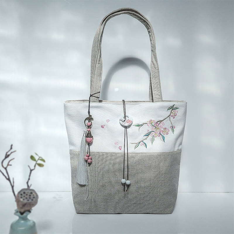 梨花 梅 桃の花 竹刺繍 キャンバス 大容量 ショルダーバッグ トートバッグ - ベージュホワイトピーチブロッサム - image 40