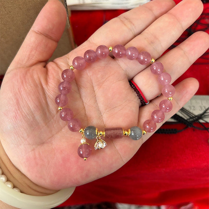 Buddha Stones天然ストロベリークォーツ ジルコンフラワー ポジティブチャームブレスレット