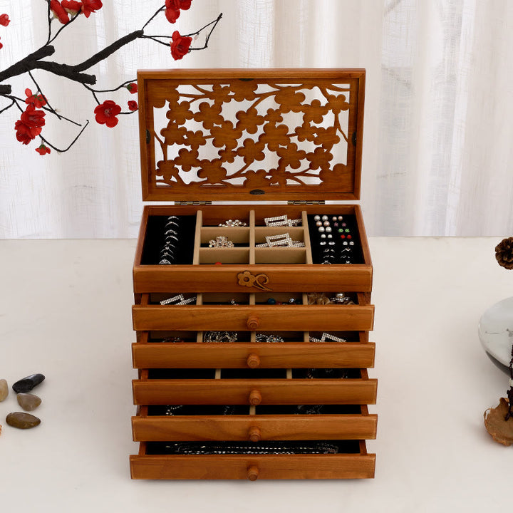 Buddha Stonesヴィンテージ 梅の花 彫刻 木製 ジュエリーボックス 6層 ジュエリー収納ボックス