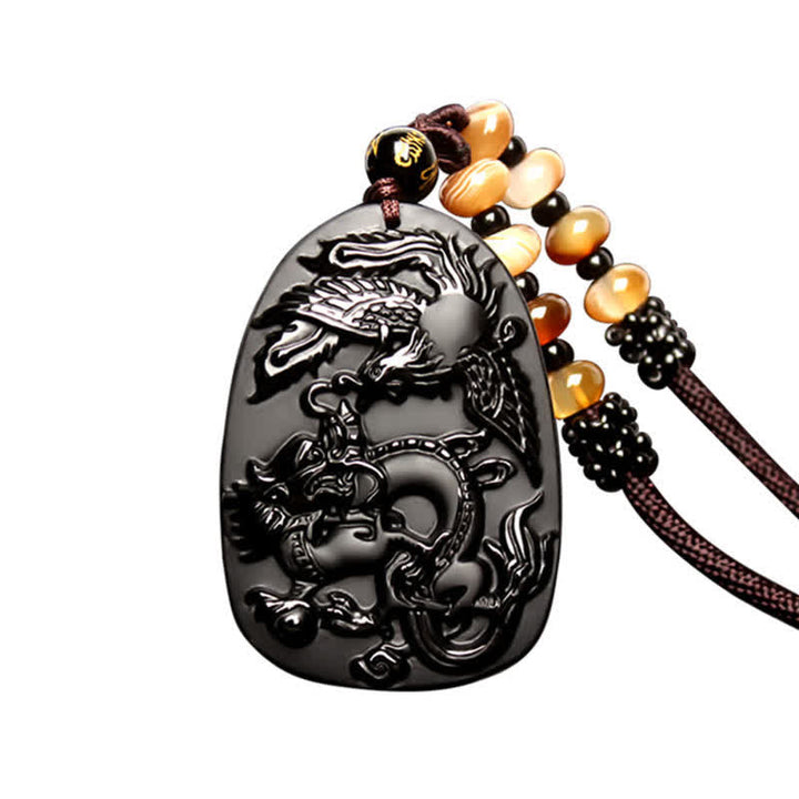Buddha Stonesブラックオブシディアン タイガーアイ ドラゴン フェニックス 守護ビーズネックレスペンダント - image 7